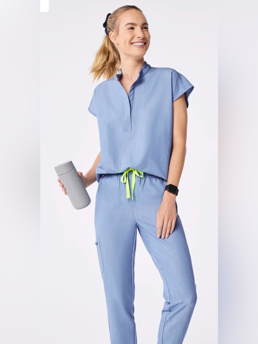 FIGS TECHNICAL COLLECTION SCRUB SET, HEATHER INDIGO, TOP SIZE S, PANT SIZE M.